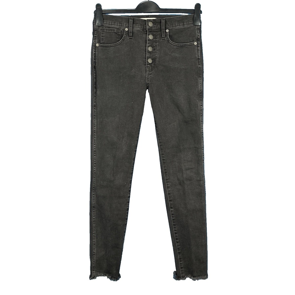 MADEWELL 10" High-Rise BLACK Stretch Denim BUTTON-FLY Frayed Hem SKINNY JEANS 28